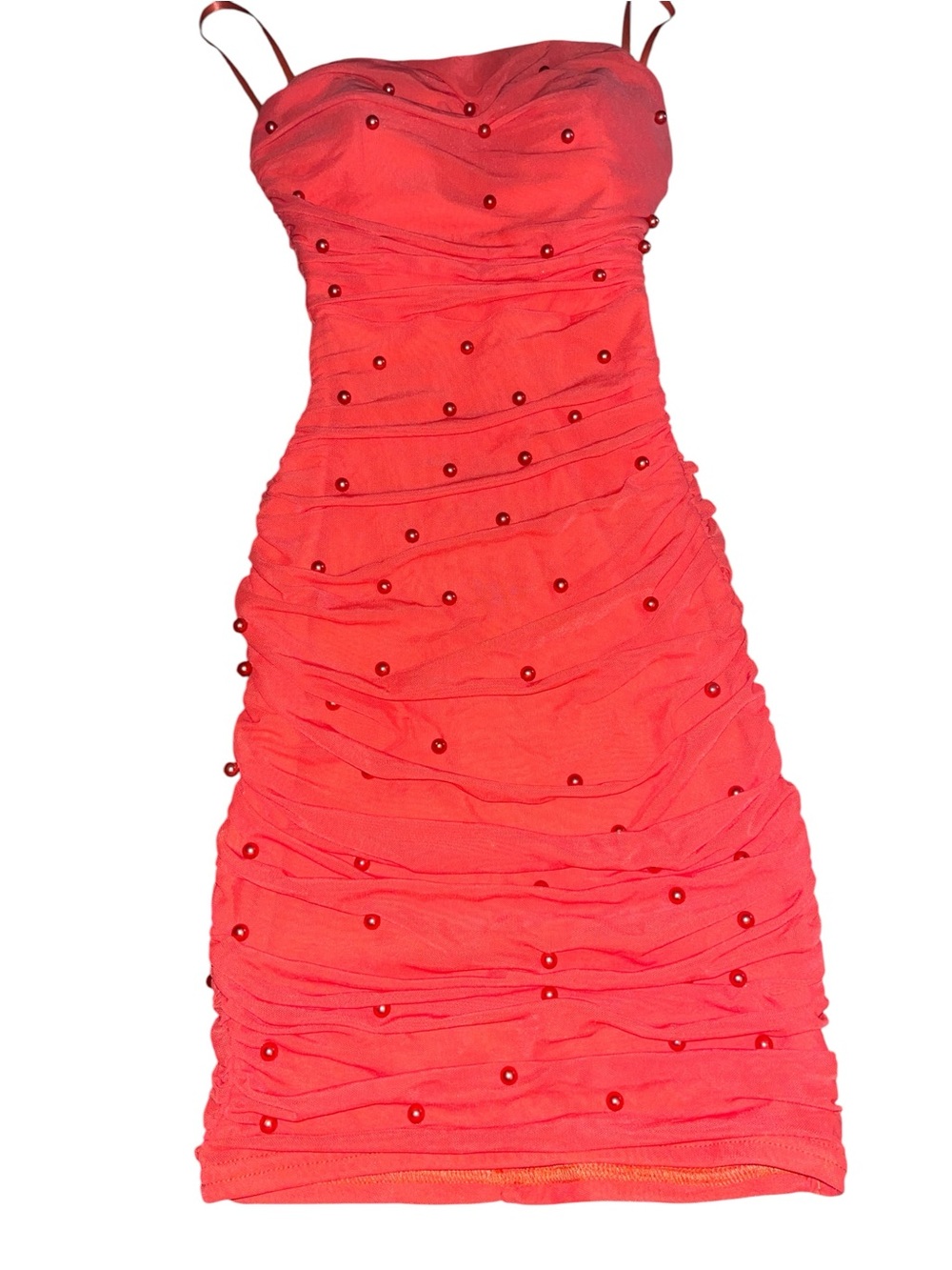 Windsor Red Beaded Ruched Spaghetti-Strap Mini Dress